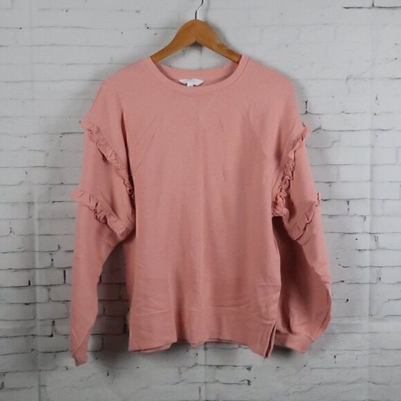TIME AND TRU DUSTY ROSE PINK LONG SLEEVE WITH RUFFLE DETAIL CREW NECK COTTON TOP - Picture 1 of 7